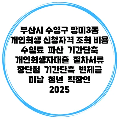 부산시 수영구 망미3동 개인회생 신청자격 조회 비용 수임료 | 파산 | 기간단축 | 개인회생자대출 | 절차서류 | 장단점 | 기간단축 | 변제금 미납 | 청년 | 직장인 2025