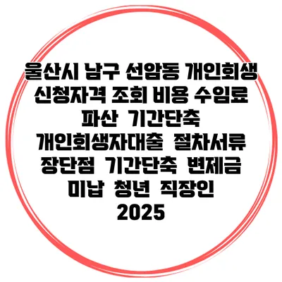 울산시 남구 선암동 개인회생 신청자격 조회 비용 수임료 | 파산 | 기간단축 | 개인회생자대출 | 절차서류 | 장단점 | 기간단축 | 변제금 미납 | 청년 | 직장인 2025