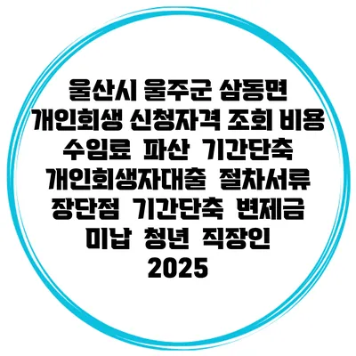 울산시 울주군 삼동면 개인회생 신청자격 조회 비용 수임료 | 파산 | 기간단축 | 개인회생자대출 | 절차서류 | 장단점 | 기간단축 | 변제금 미납 | 청년 | 직장인 2025