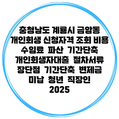 충청남도 계룡시 금암동 개인회생 신청자격 조회 비용 수임료 | 파산 | 기간단축 | 개인회생자대출 | 절차서류 | 장단점 | 기간단축 | 변제금 미납 | 청년 | 직장인 2025
